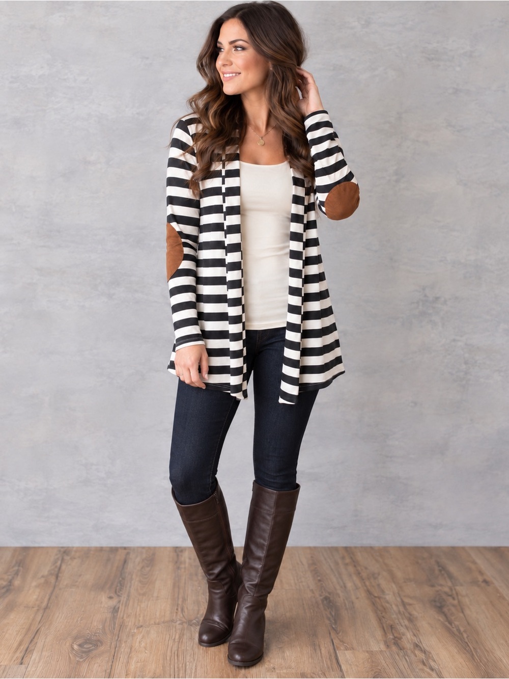 Boutique Black White Striped Open-Front Cardigan with Faux Suede Elbow Patches